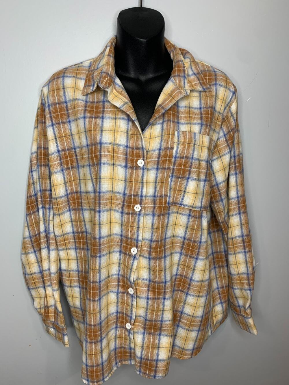 Princess Polly Women's M/L Plaid Button-down Brown Blue Long Sleeve Shirt